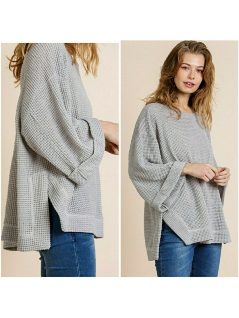 Umgee Light Gray Waffle Knit Dolman Oversized Top Raw Edges Large